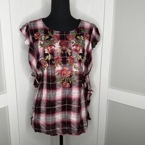 C+J Collection Top Womens Large Burgundy Plaid Floral Embroidered Beaded Blouse